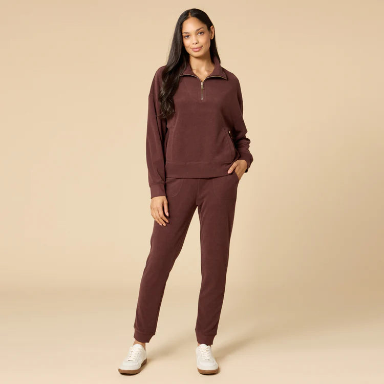 Softies Vintage Velvet 1/4 Zip with Jogger- Espresso