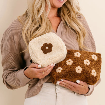 Brown Flower Square Teddy Pouch Makeup Bag