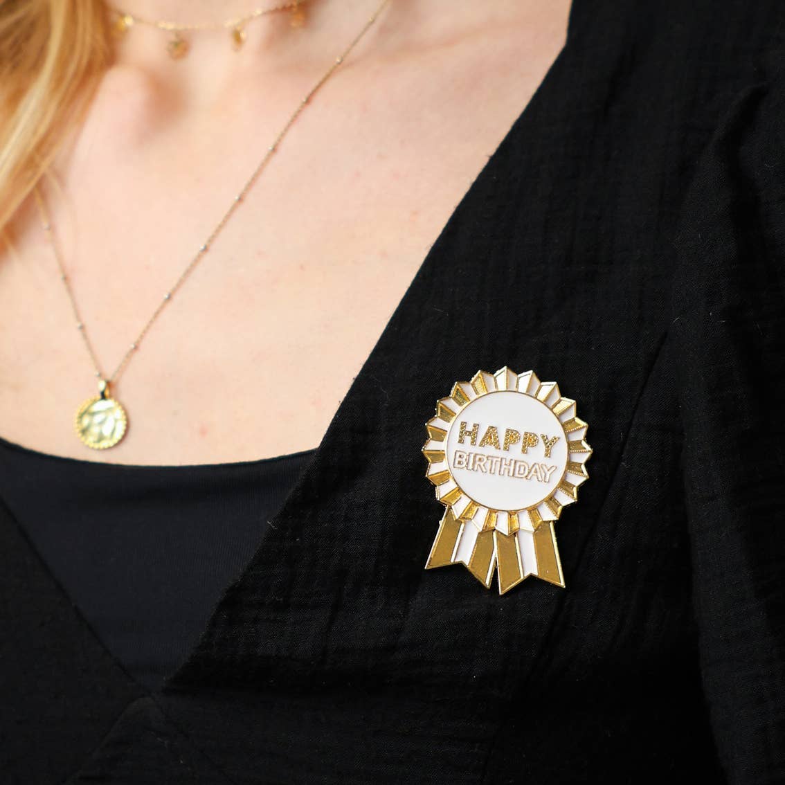 Gold Enamel "Happy Birthday" Pin Badge