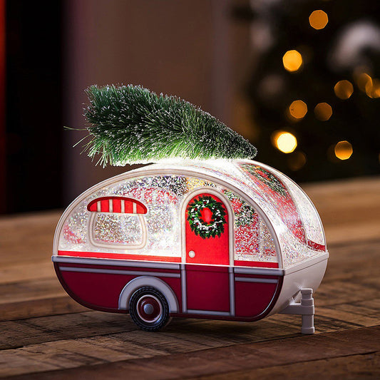 Holiday LED Spinning Water Vintage Camper with Artifical Christmas Tree