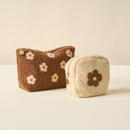 Brown Flower Square Teddy Pouch Makeup Bag