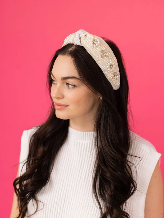 Embellished Pearl & Rhinestone White Knotted Headband