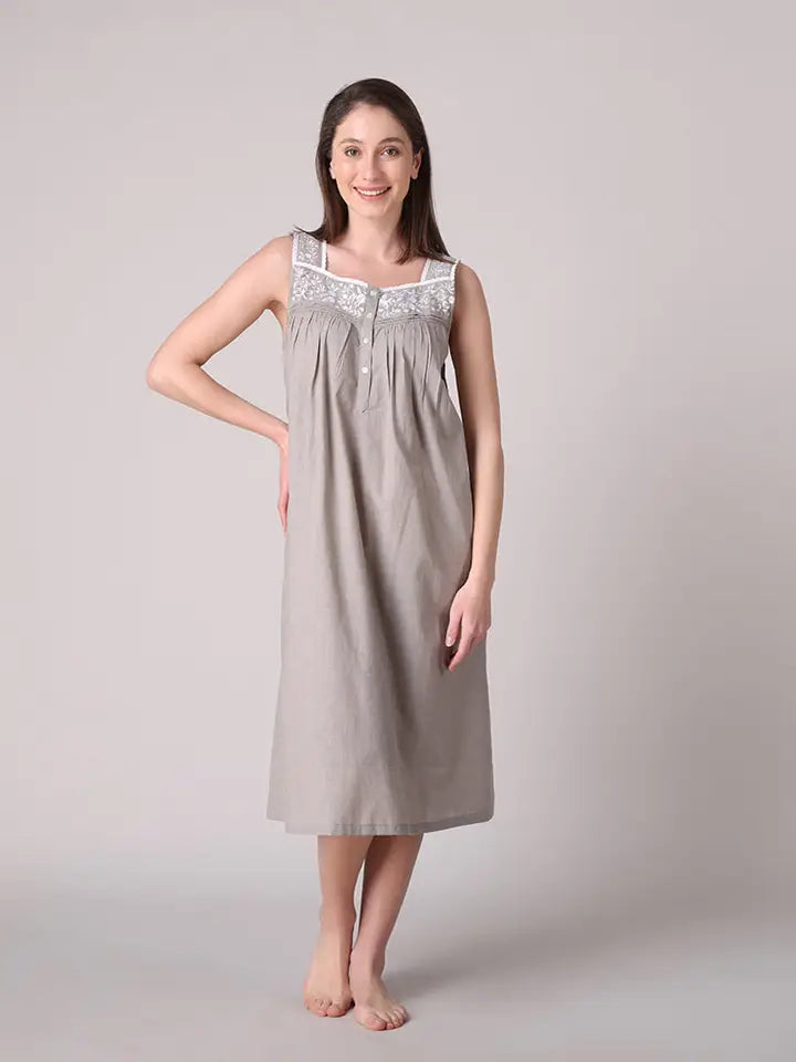 Mahogany Cotton Sleepwear Chambray Tan Linen Embroidered Gown