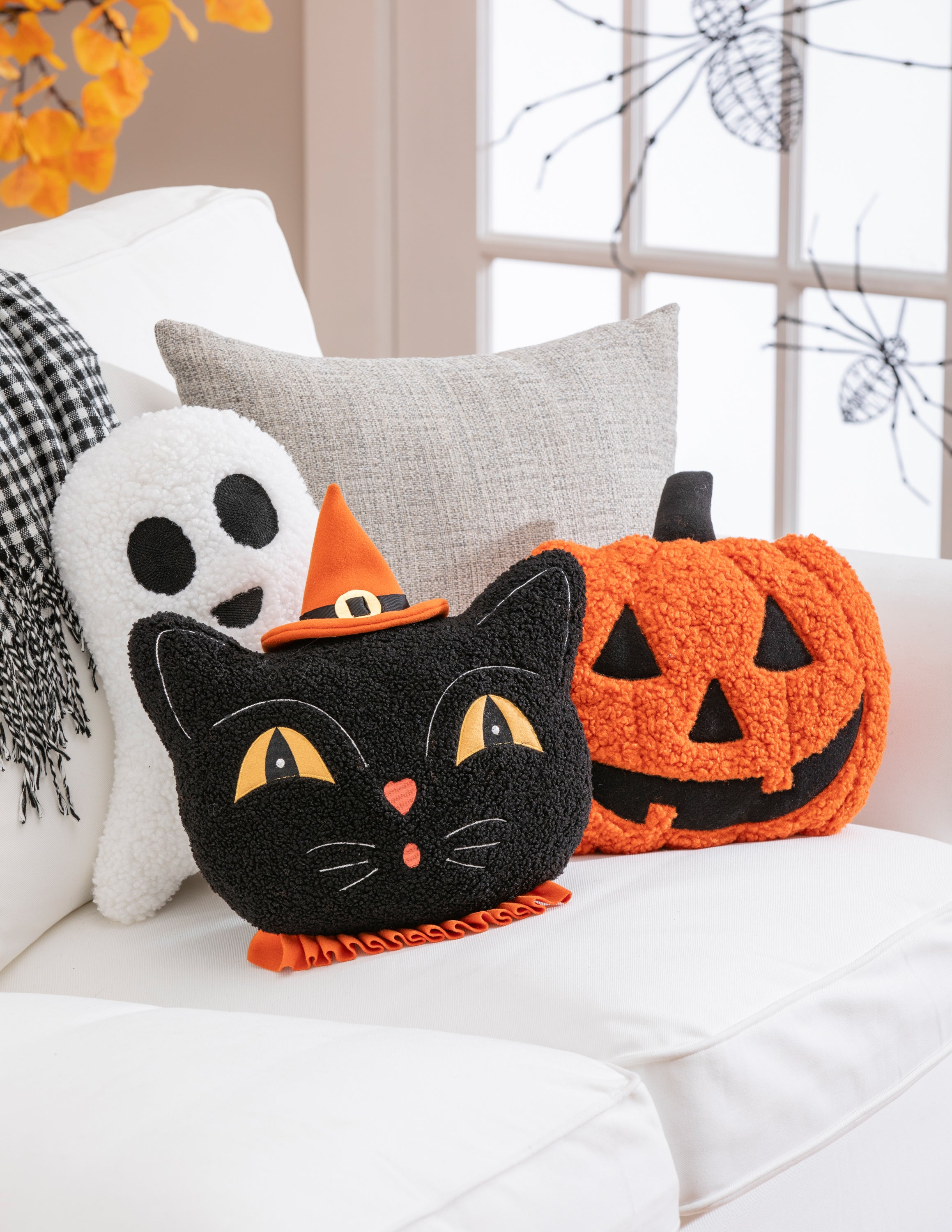 Halloween Black Cat with Witches Hat Shaped Embroidered Pillow - 13