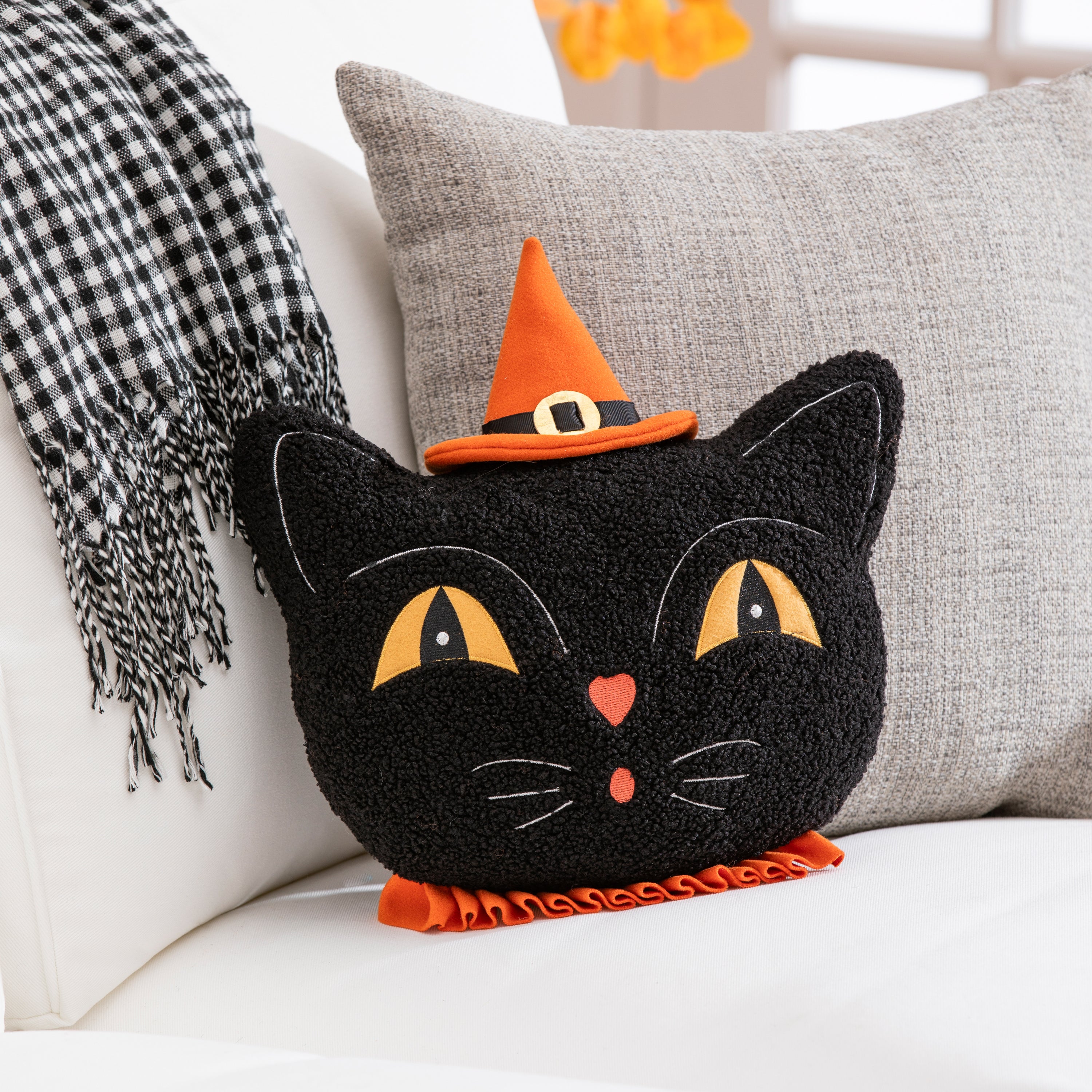 Halloween Black Cat with Witches Hat Shaped Embroidered Pillow - 13