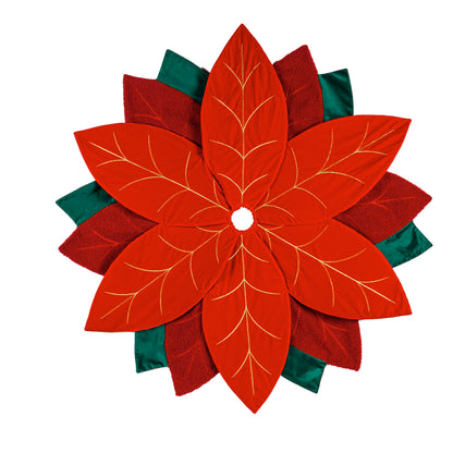 Fabric Poinsettia Shaped Christmas Tree Skirt with Embroidered Detail - 48"