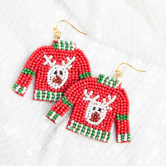 Holiday Seed Bead Christmas Sweater Earrings