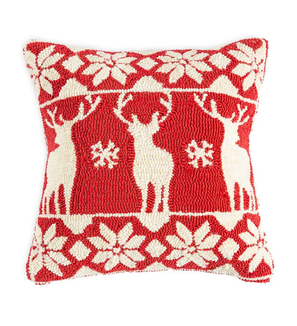 Indoor Outdoor Holiday Reindeer Hooked Throw Pillow