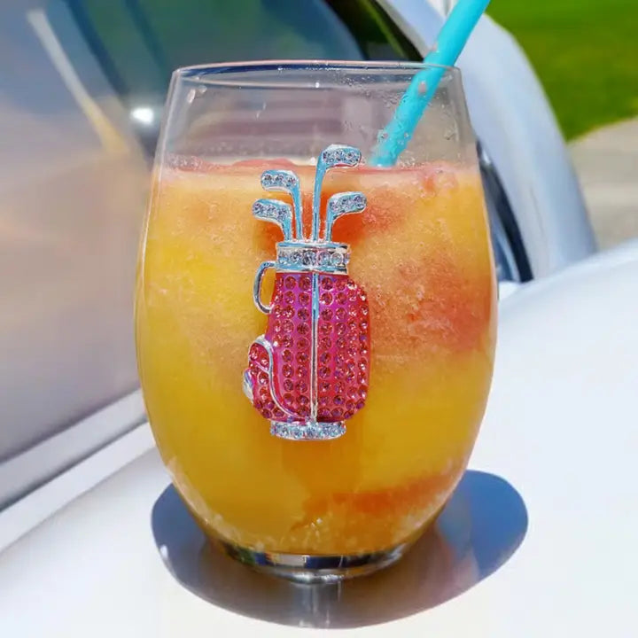 Pink Golf Bag with Clubs Stemless Jeweled Wine Glass