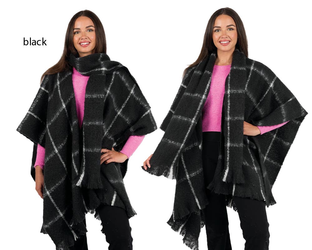 Boucle Plaid Scarf Shawl - Black