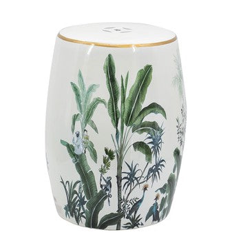 White Ceramic Decorative Stool with Painted Greenery and Gold Trim