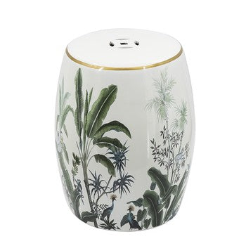 White Ceramic Decorative Stool with Painted Greenery and Gold Trim