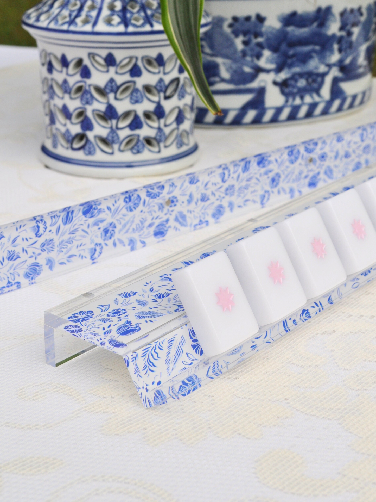 Blue and White Chinoiserie Mahjong Rack and Pusher - Set of 4