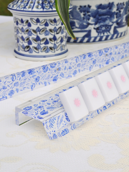 Blue and White Chinoiserie Mahjong Rack and Pusher - Set of 4