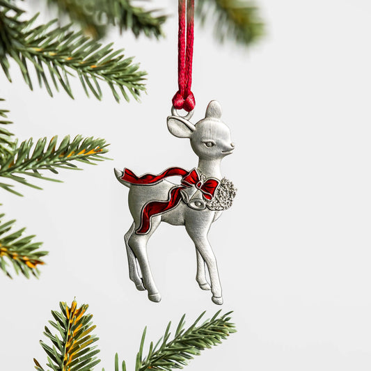 Solid Pewter Deer With Bow Christmas Tree Ornament