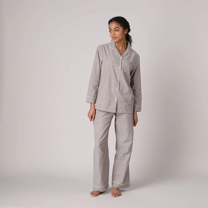 Mahogany Cotton Sleepwear Chambray Tan Linen Two Piece PJ Set