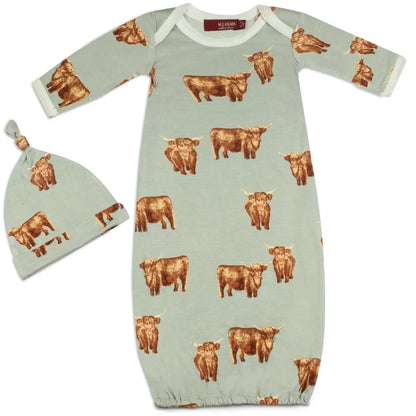 Milkbarn Highland Cow Bamboo Newborn Gown & Hat Set