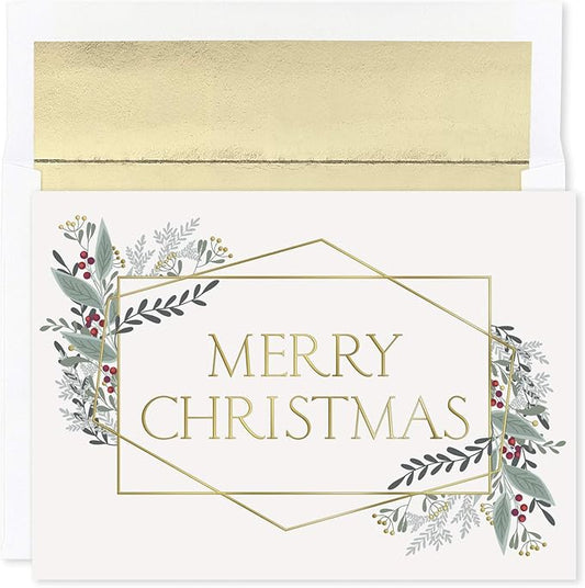 Boxed Embossed Merry Christmas Cards with Foil-Lined Envelopes