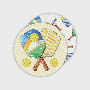 Hand Painted Pickleball Paddles and Balls Round Coaster
