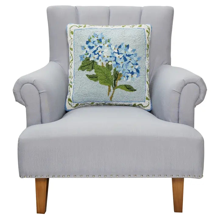 Blue Hydrangea Hooked Wool Pillow