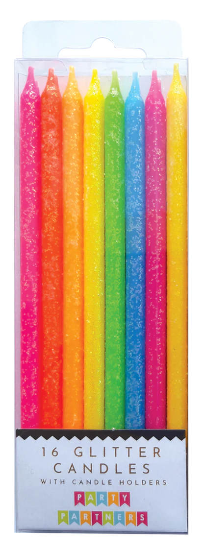 Neon Tall Glitter 16 Candle Set