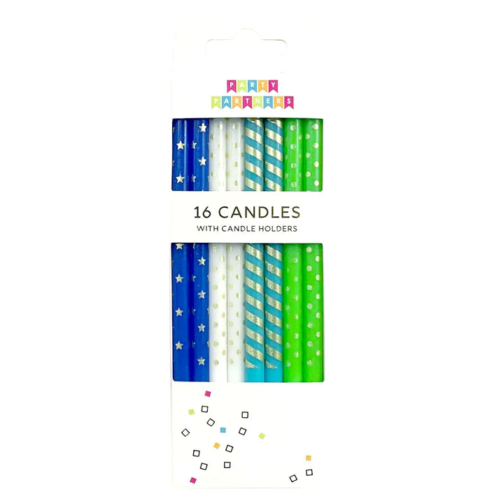 Blue & Green Metallic Patterned 16 Candle Set