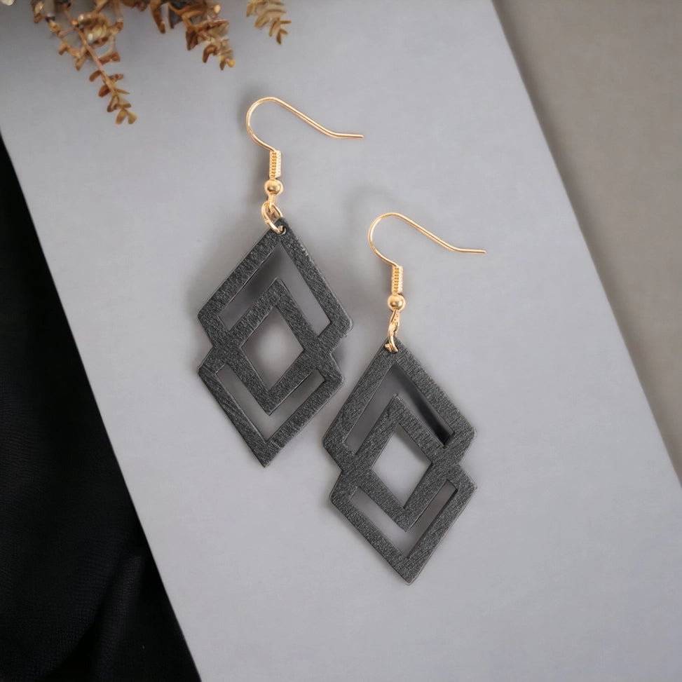 Samira Lightweight Black Double Diamond Wood Drop Earrings