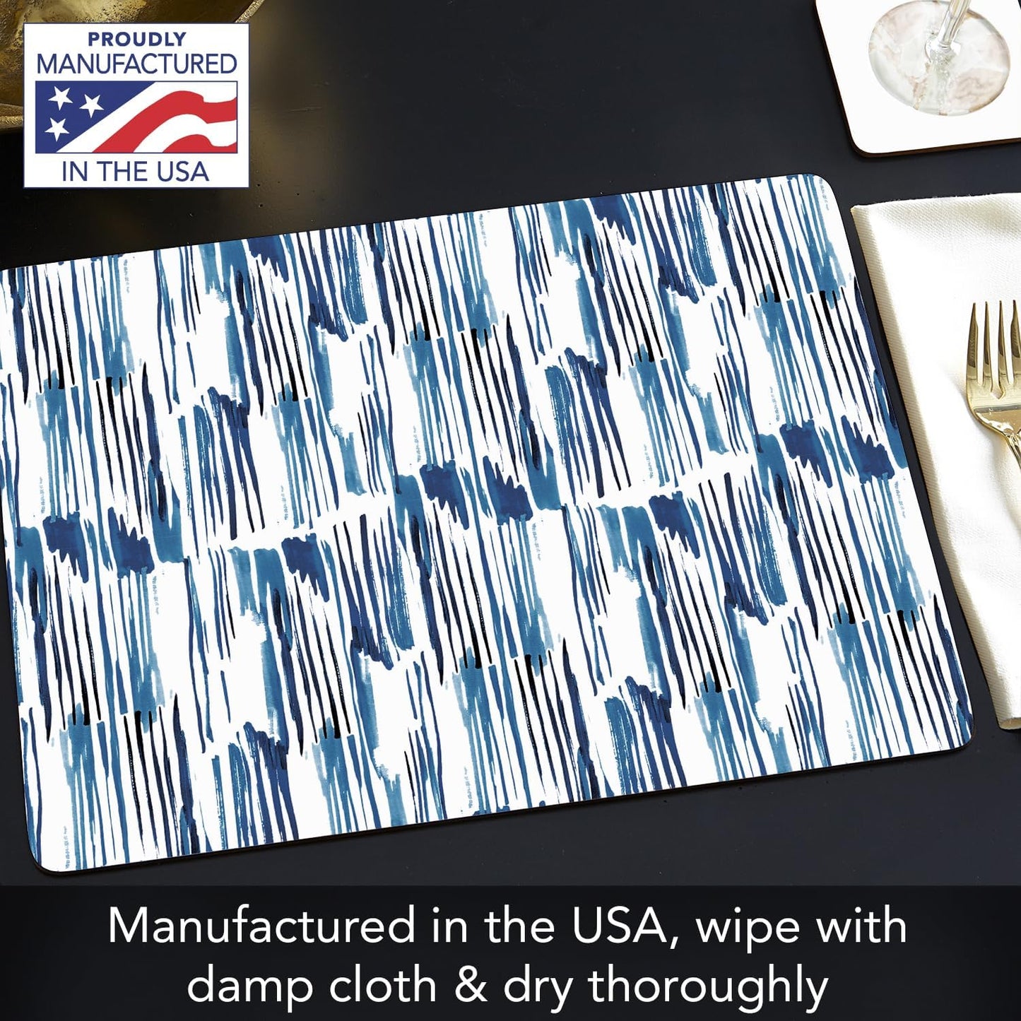 CounterArt Indigo Thin Lines Hardboard Cork-Back Placemats