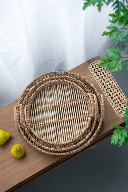 Round Decorative Brown Bamboo Woven Trays with Handles