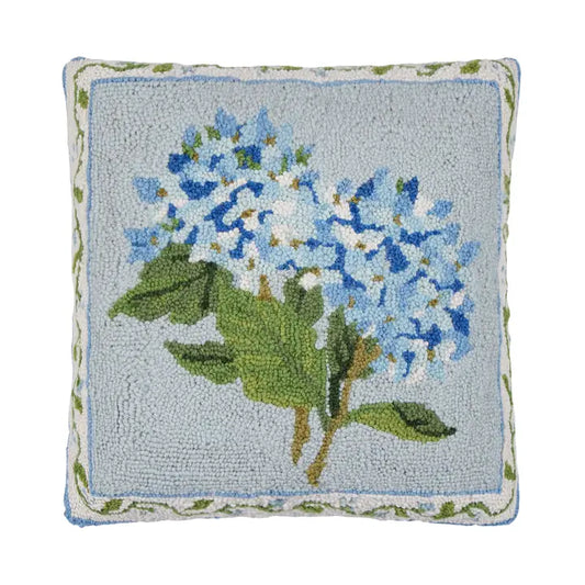 Blue Hydrangea Hooked Wool Pillow