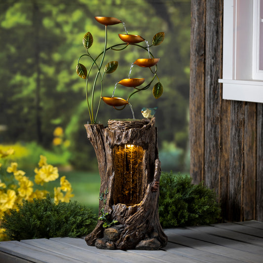 Tree Trunk Stump Fountain with Leaves & LED Light