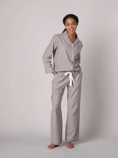 Mahogany Cotton Sleepwear Chambray Tan Linen Two Piece PJ Set