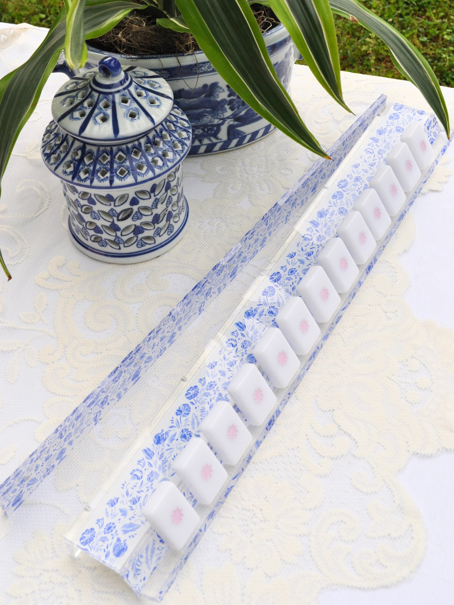 Blue and White Chinoiserie Mahjong Rack and Pusher - Set of 4
