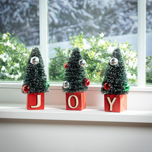 Holiday JOY Bottle Brush Tree Table Decor Set