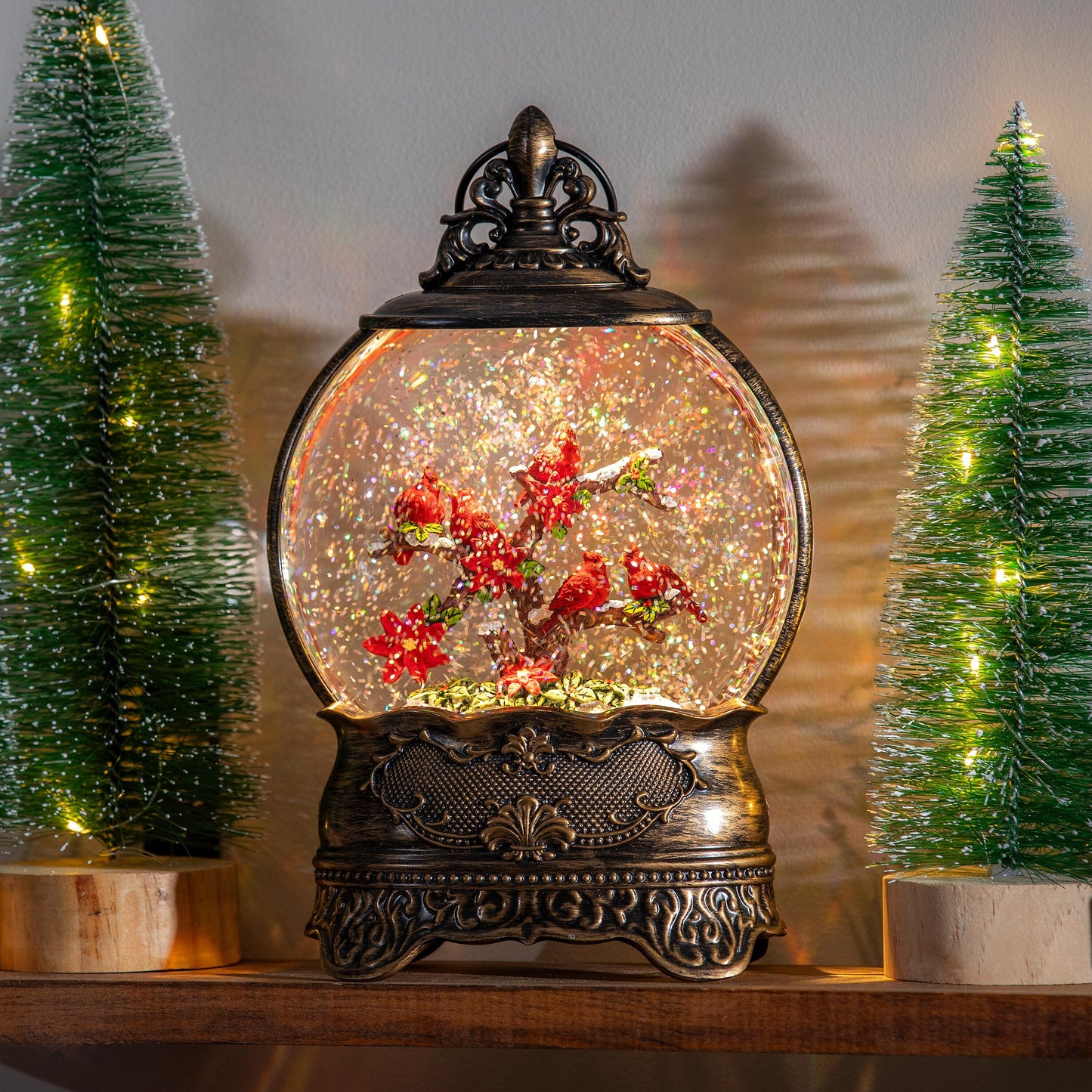 LED Antique Water Globe with Cardinals on Branches - 10.5"