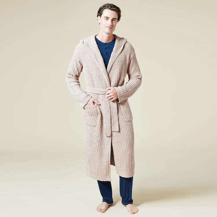 Solid Rib Marshmallow Unisex Hooded Robe in Coco