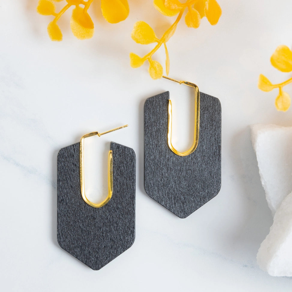 Samira Lightweight Black Abstract Wood Drop Earrings