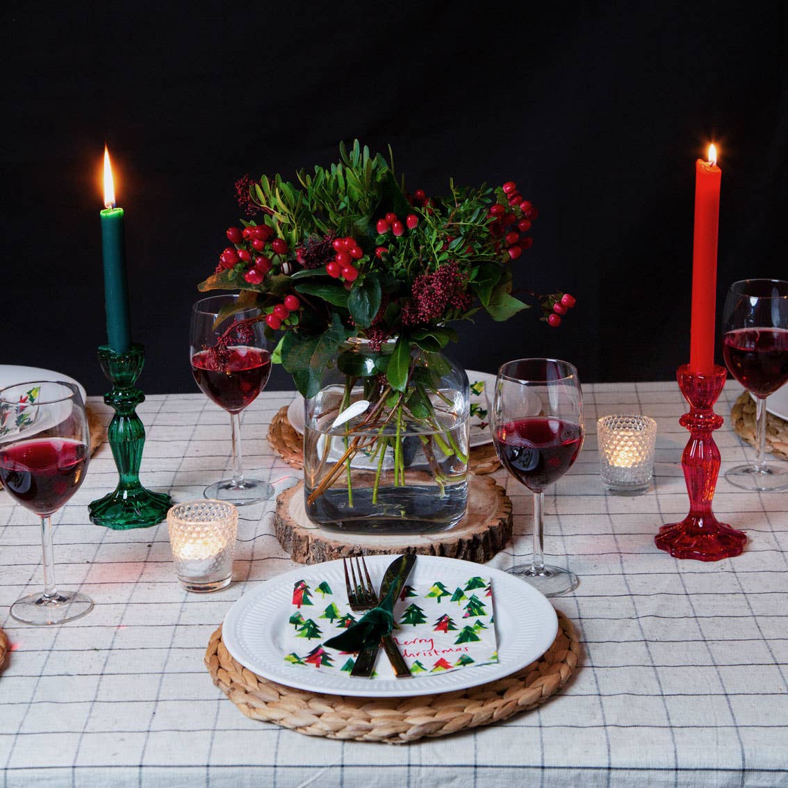 Red Glass Candlestick Holder - Christmas Décor