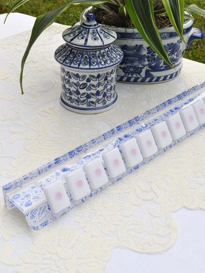 Blue and White Chinoiserie Mahjong Rack and Pusher - Set of 4