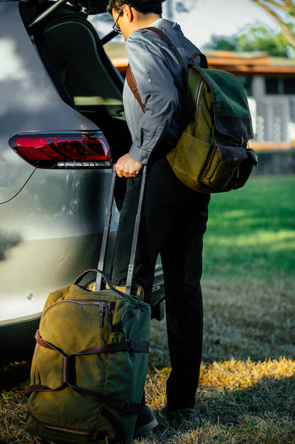 Mission Mercantile Leather Goods Campaign Waxed Canvas Rolling Carry-On Duffle Bag - Smoke Forest Green