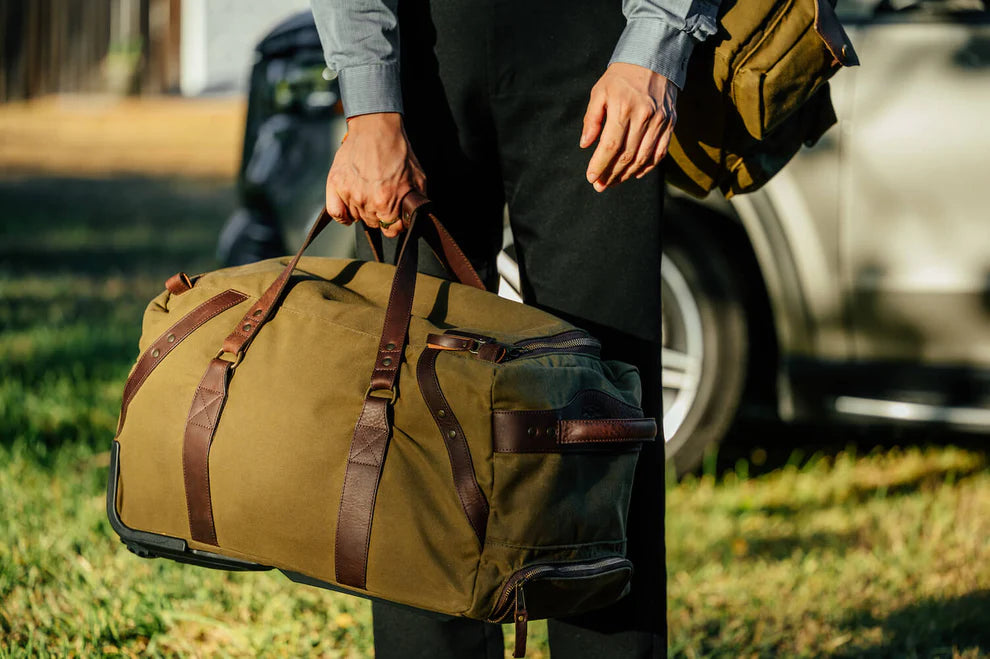 Mission Mercantile Leather Goods Campaign Waxed Canvas Rolling Carry-On Duffle Bag - Smoke Forest Green