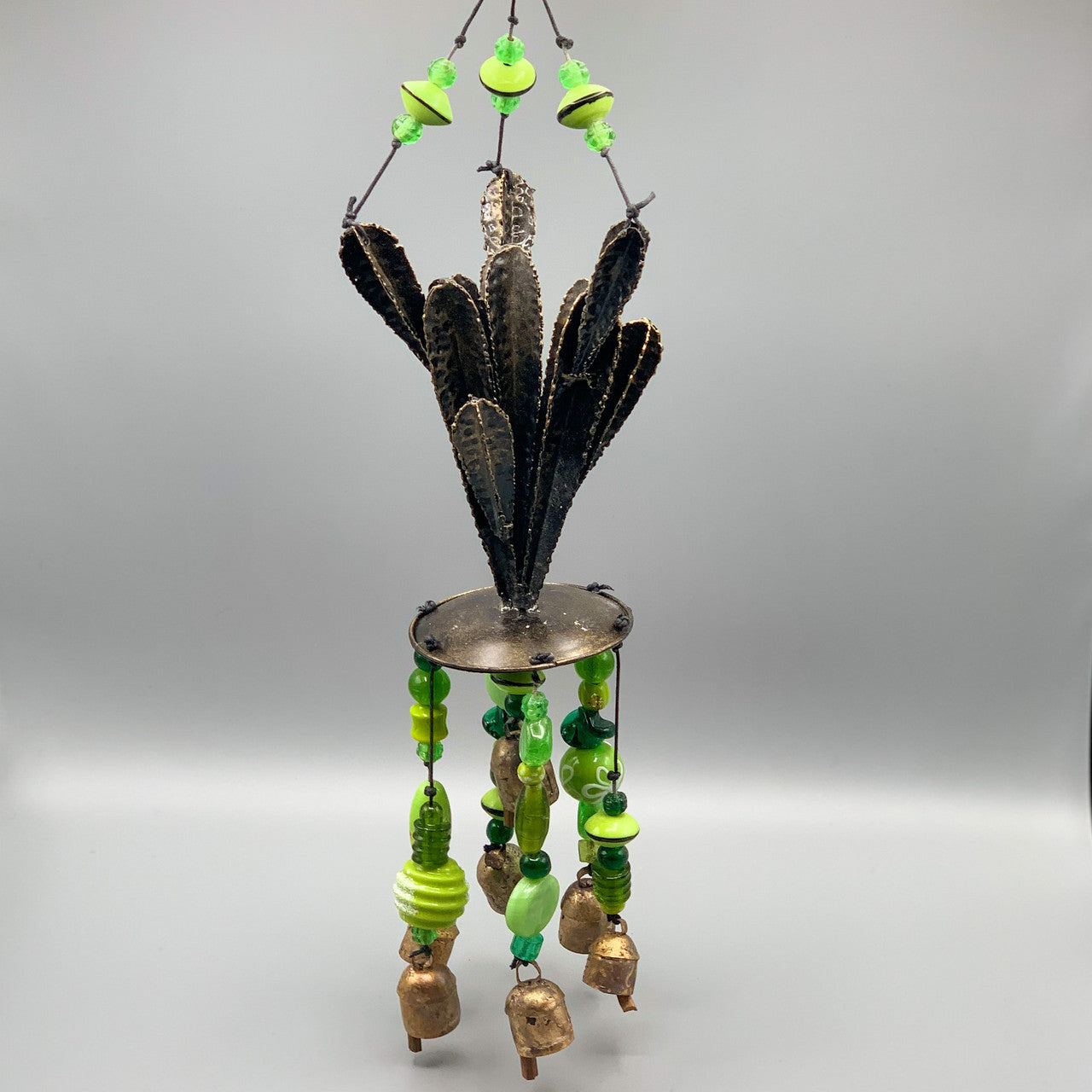 Moksha India Imports Copper Cactus, Blown Art Glass with Bells Wind Chime