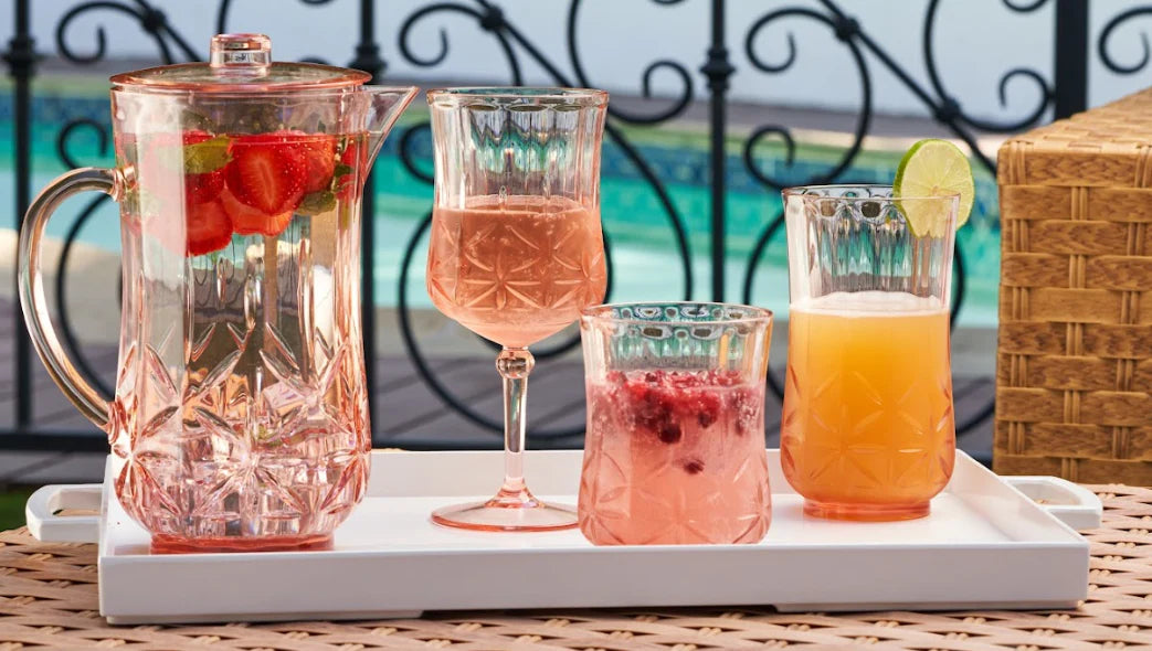 Traditional Classic Blush Pink Tumblers, Wine and Cocktail Glasses & Pitcher