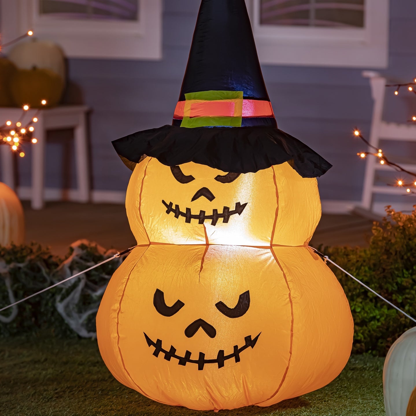 4ft Tall Inflatable, Stacked Jack-O-Lanterns w/Witch Hat