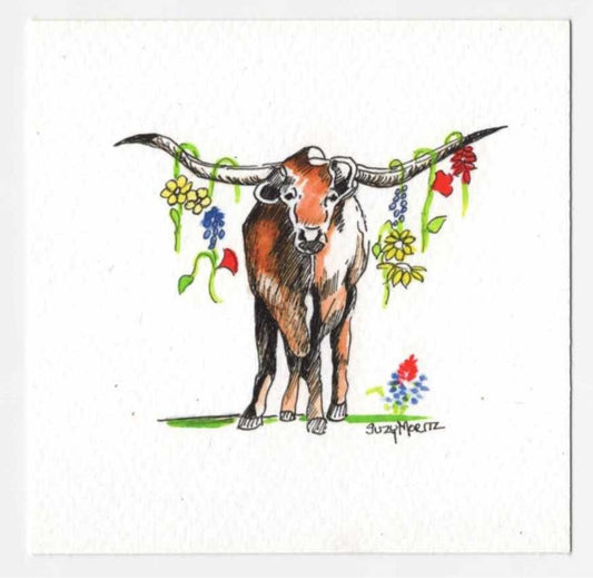 5" by 5" Floral Longhorn Print in Acrylic Frame