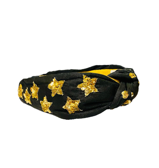 Black & Sequin Gold Star Embellished Knotted Headband