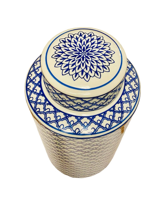 Blue and White Ceramic Decorative Jar with Lid