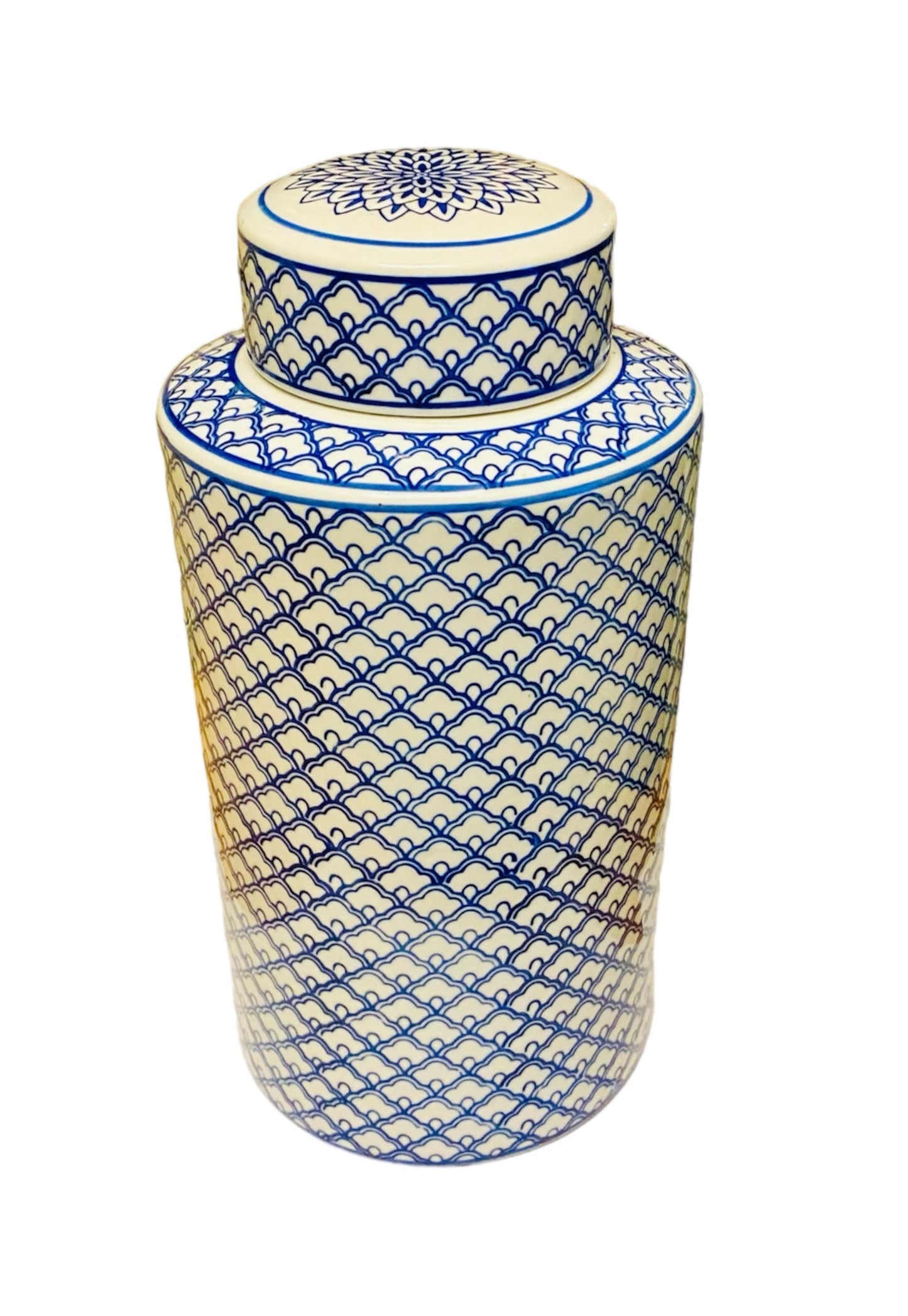 Blue and White Ceramic Decorative Jar with Lid