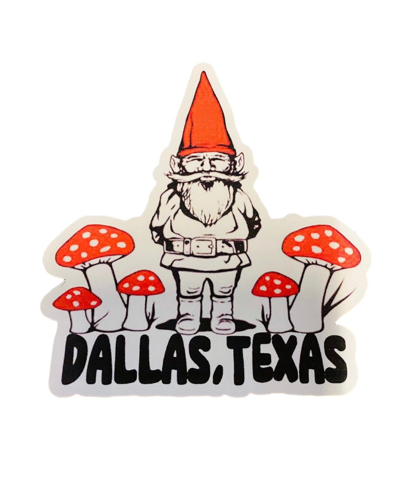 Gnome & Red Mushrooms Dallas, Texas Vinyl Sticker