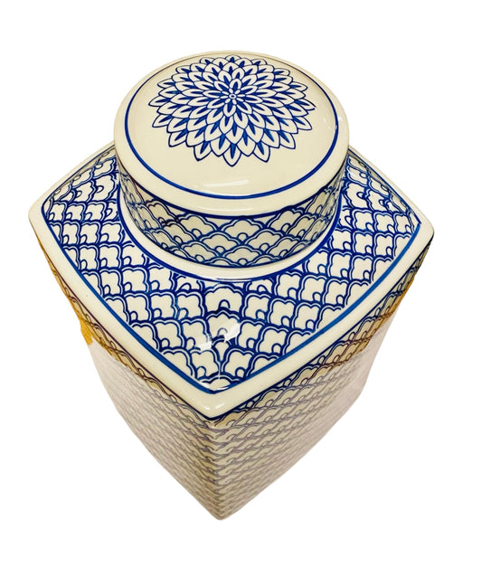 Blue and White Square Ceramic Decorative Jar with Lid